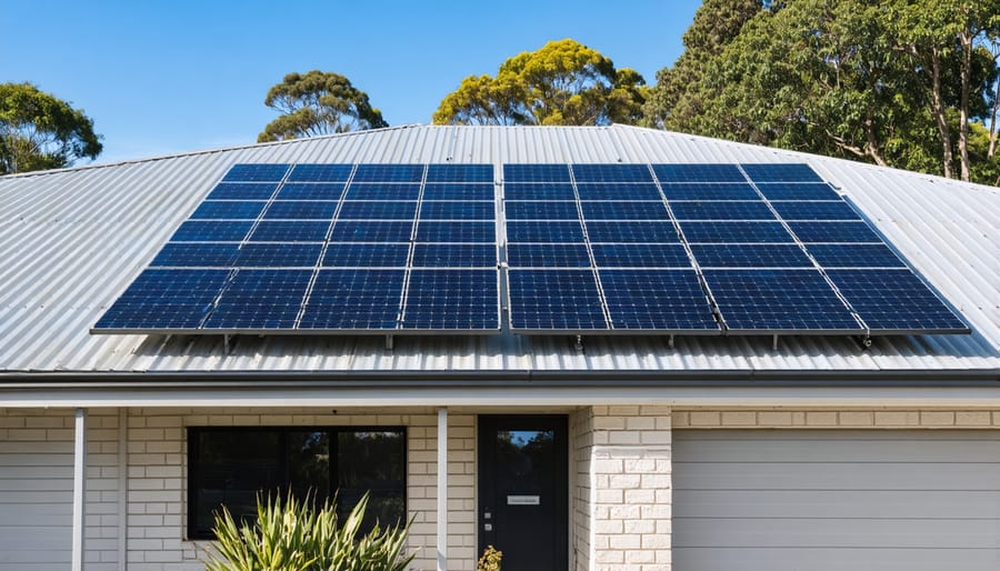 Solar panels installed on Australian residential rooftop with suburban neighborhood visible below