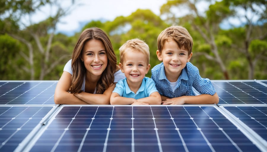Australian family reviewing solar financing options together at home with laptop
