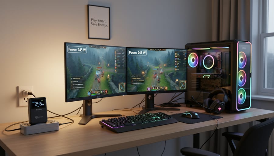 Hands near a laptop keyboard with a power strip and a plug-in power monitor in an Australian home office at night